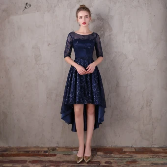 Chic Belle Bleu Marine Asymétrique Robe De Soirée 2017 Princesse En Dentelle Paillettes Noeud Encolure Dégagée 1 2 Manches Robe De Ceremonie