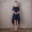 Chic / Beautiful Navy Blue Asymmetrical Evening Dresses  2017 A-Line / Princess Lace Sequins Bow Scoop Neck 1/2 Sleeves Formal Dresses