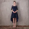 Chic / Beautiful Navy Blue Asymmetrical Evening Dresses  2017 A-Line / Princess Lace Sequins Bow Scoop Neck 1/2 Sleeves Formal Dresses