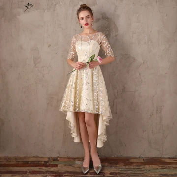 Chic Belle Champagne Asymétrique Robe De Soirée 2017 Princesse En Dentelle Paillettes Noeud Encolure Dégagée 1 2 Manches Robe De Ceremonie