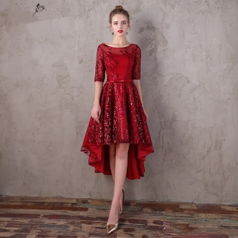 Chic Belle Bordeaux Asymétrique Robe De Soirée 2017 Princesse En Dentelle Paillettes Noeud Encolure Dégagée 1 2 Manches Robe De Ceremonie