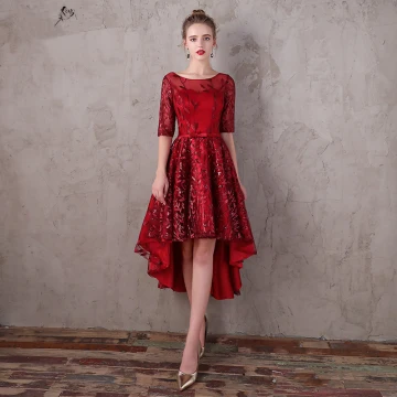 Chic Beautiful Burgundy Asymmetrical Evening Dresses 2017 A Line Princess Lace Sequins Bow Scoop Neck 1 2 Sleeves Formal Dresses