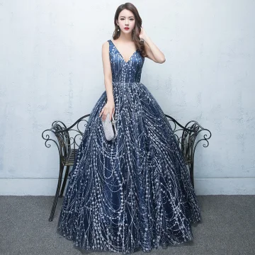 Élégant Ciel Étoilé Robe De Soirée 2017 Robe Boule Paillettes Dos Nu V Cou Sans Manches Longue Robe De Ceremonie