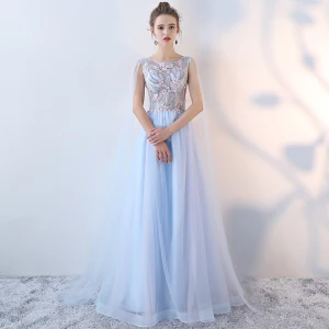 Chic Beautiful Sky Blue Evening Dresses 2017 A Line Princess Lace Flower Beading Pearl Sequins Backless Scoop Neck Sleeveless Floor Length Long Formal Dresses