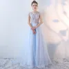 Chic / Beautiful Sky Blue Evening Dresses  2017 A-Line / Princess Lace Flower Beading Pearl Sequins Backless Scoop Neck Sleeveless Floor-Length / Long Formal Dresses