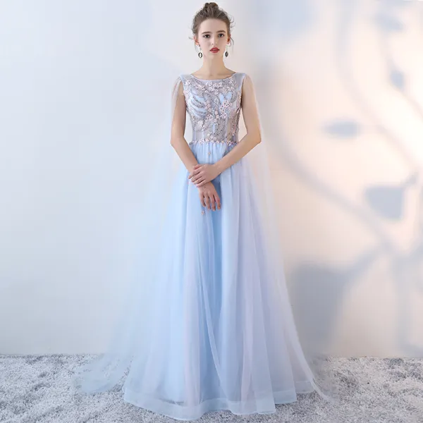 Chic / Beautiful Sky Blue Evening Dresses  2017 A-Line / Princess Lace Flower Beading Pearl Sequins Backless Scoop Neck Sleeveless Floor-Length / Long Formal Dresses