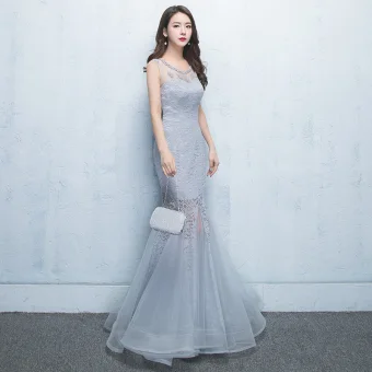 Chic Belle Gris Robe De Soirée 2017 Princesse En Dentelle Fleur Perle Encolure Dégagée Fermeture Éclair Sans Manches Longue Robe De Ceremonie