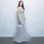 Chic / Beautiful Grey Evening Dresses  2017 A-Line / Princess Lace Flower Pearl Scoop Neck Zipper Up Sleeveless Floor-Length / Long Formal Dresses