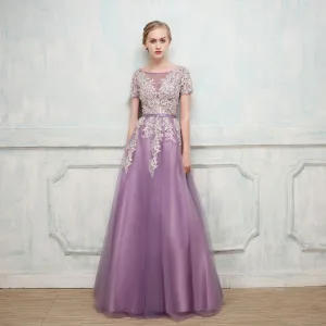 Chic Belle Grape Robe De Soirée 2017 Princesse En Dentelle Fleur Perlage Paillettes Encolure Dégagée Manches Courtes Longue Robe De Ceremonie