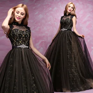 Luxury Gorgeous Black Gold Prom Dresses 2017 Ball Gown Lace Beading Crystal Rhinestone High Neck Backless Sleeveless Floor Length Long Formal Dresses