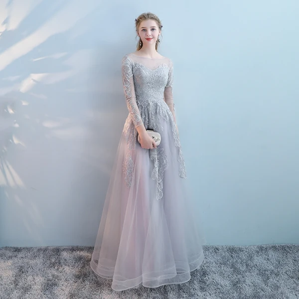 Chic / Beautiful Grey Evening Dresses 2017 A-Line / Princess Lace Pearl Sequins Scoop Neck Long Sleeve Ankle Length Formal Dresses Chic / Beautiful Grey Evening Dresses 2017 A-Line / Princess Lace Pearl Sequins Scoop Neck Long Sleeve Ankle Length Formal Dresses