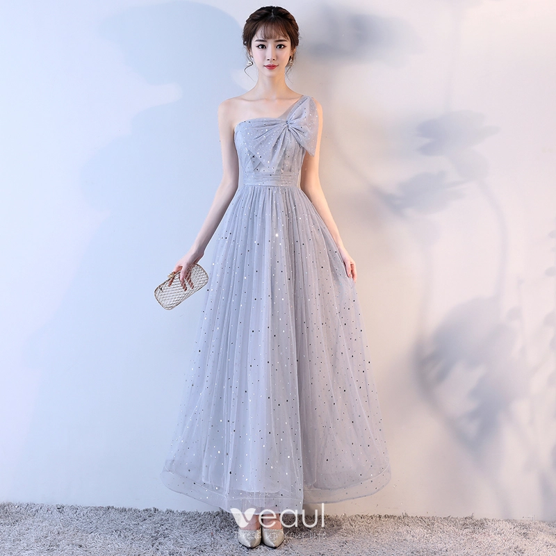 Lovely Silver Homecoming Graduation Dresses 2017 A Line Princess Bow Star One Shoulder Backless Sleeveless Ankle Length Formal Dresses