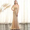 Luxury / Gorgeous Gold Evening Dresses  2017 Trumpet / Mermaid Beading Crystal Pearl Sequins Scoop Neck Backless 1/2 Sleeves Sweep Train Formal Dresses
