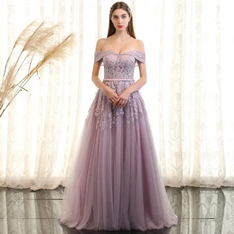 Chic Beautiful Evening Dresses 2017 A Line Princess Lace Flower Pearl Off The Shoulder Backless Sleeveless Sweep Train Formal Dresses