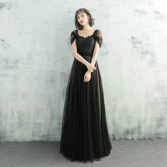 Chic Beautiful Black Evening Dresses 2017 A Line Princess Lace Flower Sash Off The Shoulder Backless Sleeveless Floor Length Long Formal Dresses
