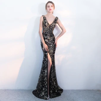 Amazing Unique Black Gold Evening Dresses 2017 Trumpet Mermaid Sequins V Neck Backless Sleeveless Floor Length Long Formal Dresses
