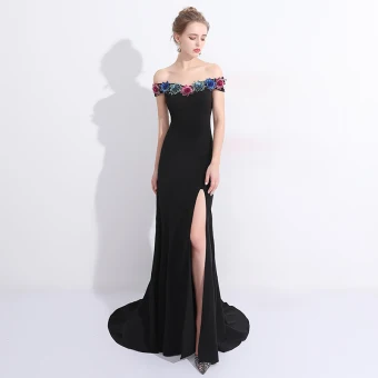Sexy Noire Robe De Soirée 2017 Trompette Sirène En Dentelle Fleur Paillettes De L Épaule Manches Courtes Dos Nu Train De Balayage Robe De Ceremonie