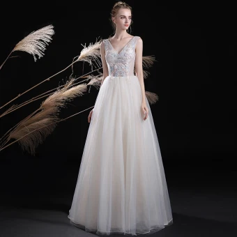 Hermoso Marfil Vestidos De Noche 2017 A Line Princess Con Encaje Flor Perla Lentejuelas V Cuello Sin Espalda Sin Mangas La Altura Del Tobillo Vestidos Formales