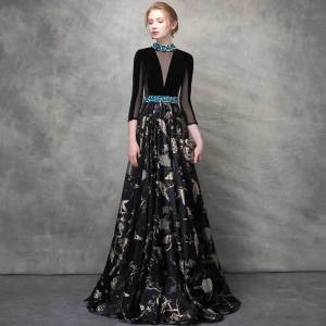 Luxe Noire Doré Robe De Soirée 2018 Princesse Cristal Brodé Percé Encolure Dégagée Dos Nu 3 4 Manches Longue Robe De Ceremonie