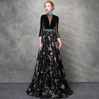 Luxe Noire Doré Robe De Soirée 2018 Princesse Cristal Brodé Percé Encolure Dégagée Dos Nu 3 4 Manches Longue Robe De Ceremonie