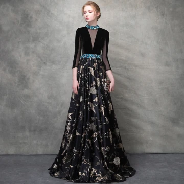 Luxury Gorgeous Black Gold Evening Dresses 2018 A Line Princess Crystal Embroidered Pierced Scoop Neck Backless 3 4 Sleeve Floor Length Long Formal Dresses