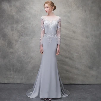 Chic Belle Argenté Robe De Soirée 2018 Trompette Sirène En Dentelle Fleur Encolure Dégagée Dos Nu Manches Longues Train De Balayage Robe De Ceremonie
