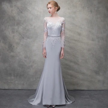 Chic Beautiful Silver Evening Dresses 2018 Trumpet Mermaid Lace Flower Scoop Neck Backless Long Sleeve Sweep Train Formal Dresses