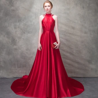 Elegant Red Evening Dresses 2017 A Line Princess Bow Beading High Neck Sleeveless Strapless Royal Train Formal Dresses