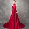 Elegant Red Evening Dresses  2017 A-Line / Princess Bow Beading High Neck Sleeveless Strapless Royal Train Formal Dresses
