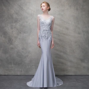 Chic Beautiful Grey Evening Dresses 2017 Trumpet Mermaid Lace Flower Beading Bow Sequins V Neck Backless Sleeveless Sweep Train Formal Dresses