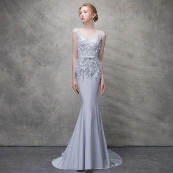 Chic Beautiful Grey Evening Dresses 2017 Trumpet Mermaid Lace Flower Beading Bow Sequins V Neck Backless Sleeveless Sweep Train Formal Dresses