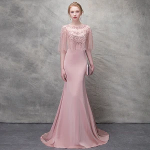 Élégant Rougissant Rose Robe De Soirée 2017 Trompette Sirène En Dentelle Fleur Cristal Encolure Dégagée 1 2 Manches Train De Balayage Robe De Ceremonie