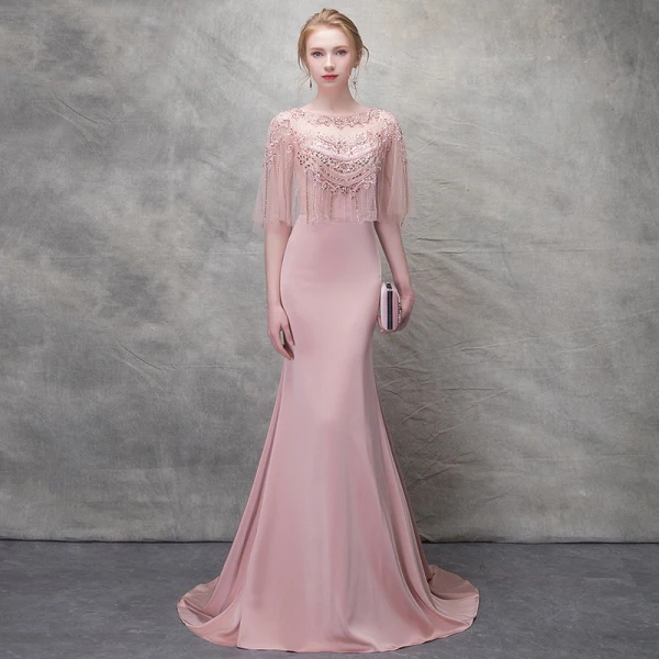 Élégant Rougissant Rose Robe De Soirée 2017 Trompette / Sirène En Dentelle Fleur Cristal Encolure Dégagée 1/2 Manches Train De Balayage Robe De Ceremonie