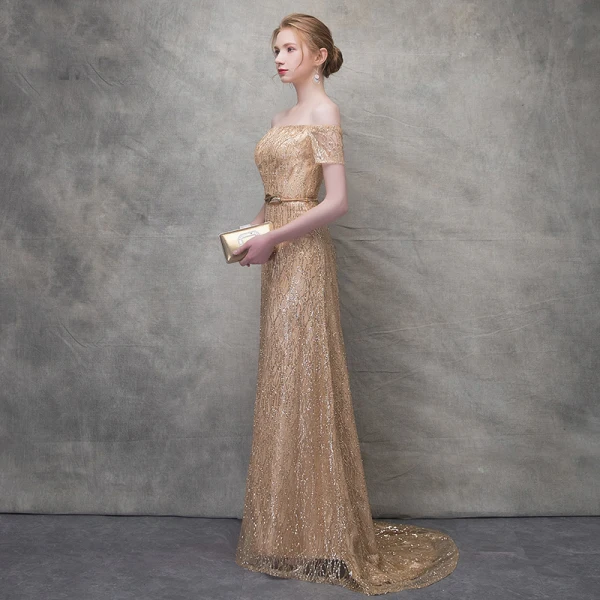 Scintillantes Dorés Robe De Soirée 2017 Trompette / Sirène Glitter Dentelle Métal Ceinture De l'épaule Manches Courtes Train De Balayage Robe De Ceremonie