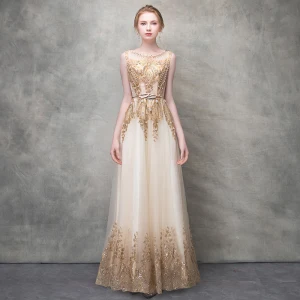 Scintillantes Champagne Robe De Soirée 2017 Princesse Perle Paillettes Métal Ceinture Encolure Dégagée Sans Manches Longueur Cheville Robe De Ceremonie