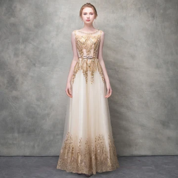 Scintillantes Champagne Robe De Soirée 2017 Princesse Perle Paillettes Métal Ceinture Encolure Dégagée Sans Manches Longueur Cheville Robe De Ceremonie