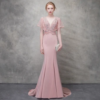 Chic Belle Rougissant Rose Robe De Soirée 2018 Trompette Sirène Perlage Cristal Perle V Cou Dos Nu Manches Courtes Train De Balayage Robe De Ceremonie