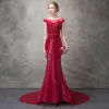 Luxury / Gorgeous Burgundy Evening Dresses  2017 Lace Flower Bow Crystal Sequins Scoop Neck Backless Short Sleeve Sweep Train Formal Dresses