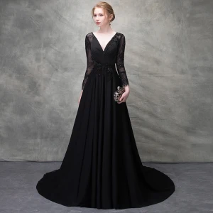 Chic Belle Noir Robe De Soirée 2017 Princesse Perlage Cristal En Dentelle Fleurs Artificielles Percé V Cou Dos Nu Manches Longues Train De Balayage Robe De Ceremonie