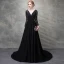 Chic / Belle Noir Robe De Soirée 2017 Princesse Perlage Cristal En Dentelle Fleurs Artificielles Percé V-Cou Dos Nu Manches Longues Train De Balayage Robe De Ceremonie
