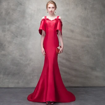 Chic Beautiful Burgundy Evening Dresses 2017 Trumpet Mermaid Beading Sequins Artificial Flowers Shoulders Strapless Backless Short Sleeve Sweep Train Formal Dresses