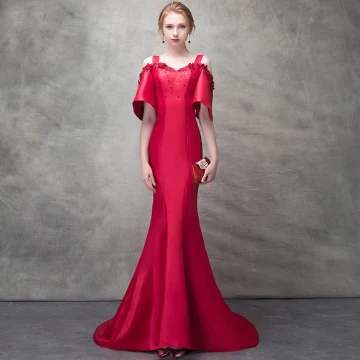 Chic Belle Bordeaux Robe De Soirée 2017 Trompette Sirène Perlage Paillettes Fleurs Artificielles Épaules Bustier Dos Nu Manches Courtes Train De Balayage Robe De Ceremonie
