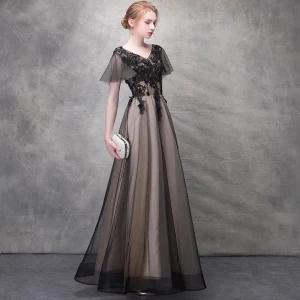 Chic Beautiful Black Evening Dresses 2017 A Line Princess Crystal Lace Flower V Neck Backless Short Sleeve Ankle Length Formal Dresses