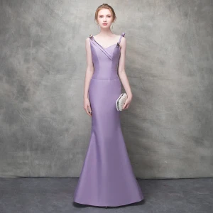 Élégant Lavande Robe De Soirée 2017 Trompette Sirène Noeud Cristal Faux Diamant Bretelles Spaghetti Dos Nu Sans Manches Longueur Cheville Robe De Ceremonie