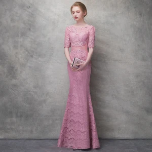 Chic Belle Rose Bonbon Robe De Soirée 2017 Trompette Sirène En Dentelle Paillettes Percé Encolure Dégagée 1 2 Manches Longueur Cheville Robe De Ceremonie