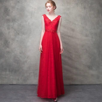 Chic Belle Rouge Robe De Soirée 2017 Princesse Cristal En Dentelle Fleur Perlage Paillettes V Cou Dos Nu Longueur Cheville Robe De Ceremonie