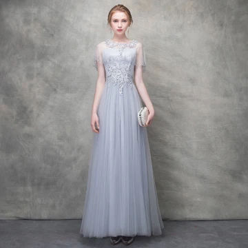 Chic Beautiful Grey Evening Dresses 2018 A Line Princess Lace Flower Crystal Pearl Scoop Neck Short Sleeve Ankle Length Formal Dresses