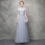 Chic / Beautiful Grey Evening Dresses  2018 A-Line / Princess Lace Flower Crystal Pearl Scoop Neck Short Sleeve Ankle Length Formal Dresses