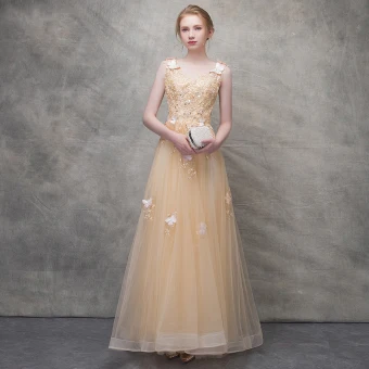 Chic Belle Champagne Robe De Soirée 2017 Princesse Papillon En Dentelle Fleur Perlage Paillettes Encolure Dégagée Dos Nu Sans Manches Longueur Cheville Robe De Ceremonie