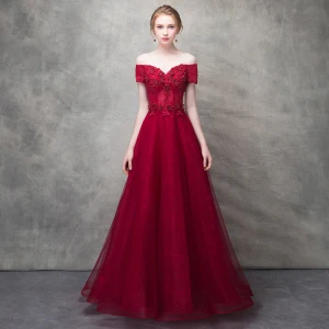 Chic Beautiful Burgundy Evening Dresses 2017 A Line Princess Lace Flower Crystal Beading Off The Shoulder Backless Short Sleeve Ankle Length Formal Dresses